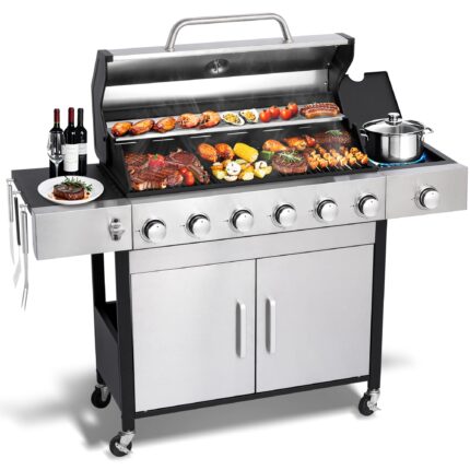 6-Burner Propane Gas BBQ Grill with Side Burner – 65,850 BTU Total Output, 620 sq. in. Cooking Area